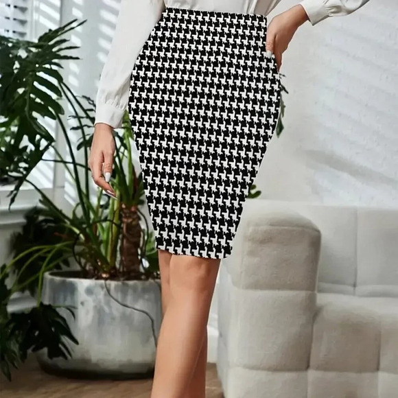 Elegant High Waist Knee Length Houndstooth Skirt - Picture 1 of 3